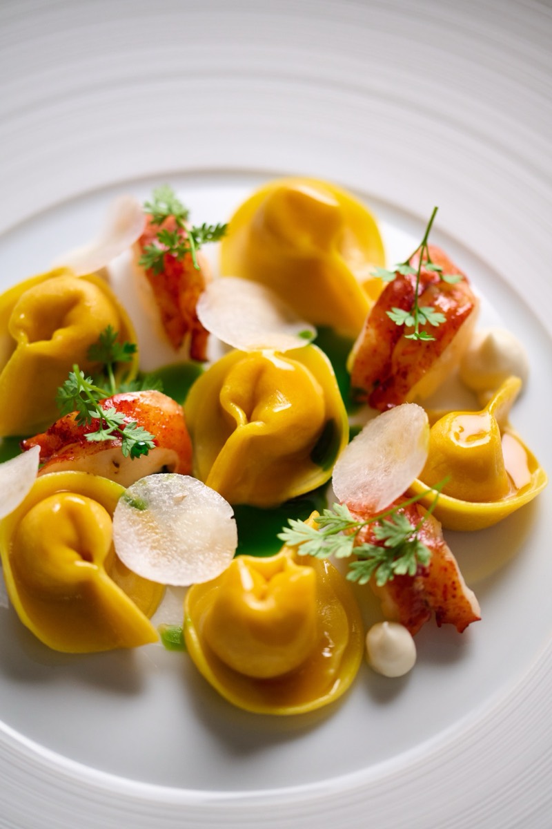 Handmade tortelli with lobster, plated by the Villa Marie chef