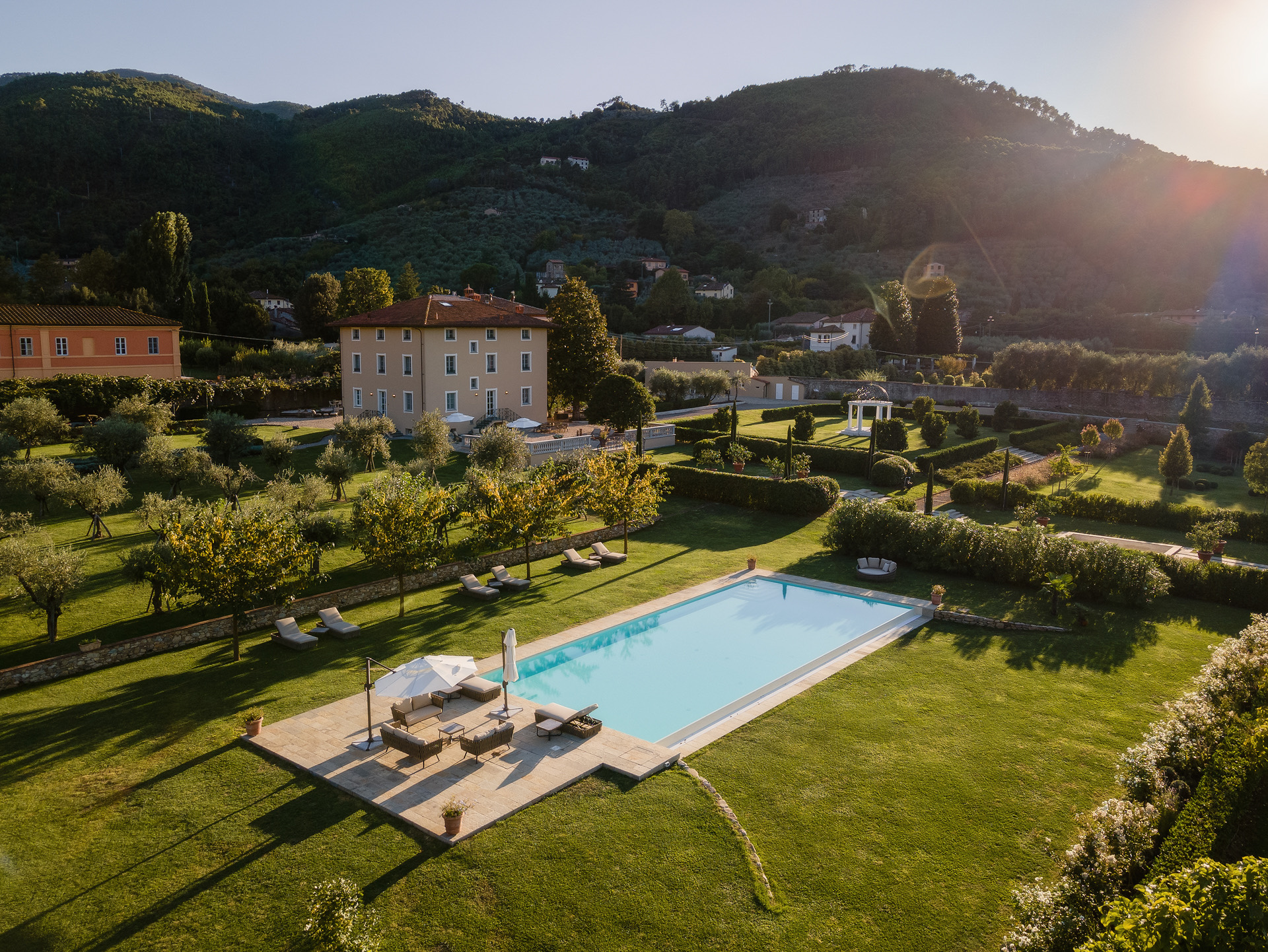 Aerial view of Villa Marie, its pool and gardens